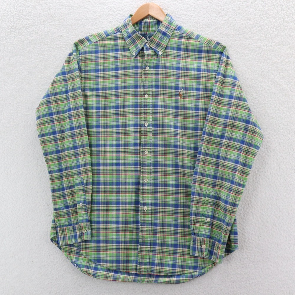 Polo Ralph Lauren Shirt Men's Large Green Blue Classic Fit OCBD Plaid Flesh Pony